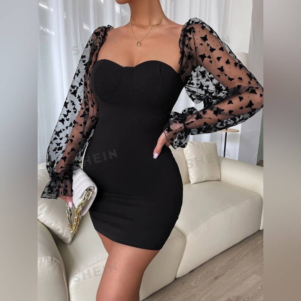 SHEIN Belle Sweetheart Neck Flounce Sleeve Bodycon Dress